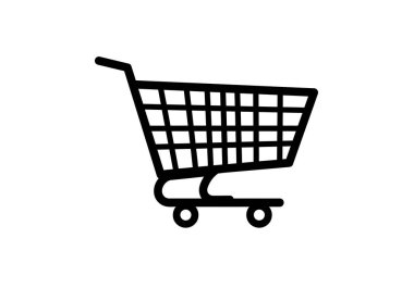Alışveriş arabası silueti. Bu resim, perakende satış, ticaret, satın alma, süpermarket gereksinimleri ve tüketici kolaylığını sembolize eden bir alışveriş arabasının karanlık ana hatlarını içerir. Clipart illüstrasyon tasarımı.