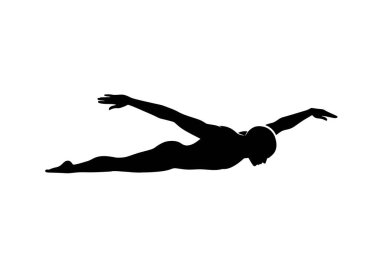 Yüzücü silueti. Bu resim, suda hareket, akıcılık, rekabetçi yüzme ve su sporları hareketlerini vurgulayan bir sporcunun karanlık ana hatlarını yansıtır. Clipart illüstrasyon tasarımı.