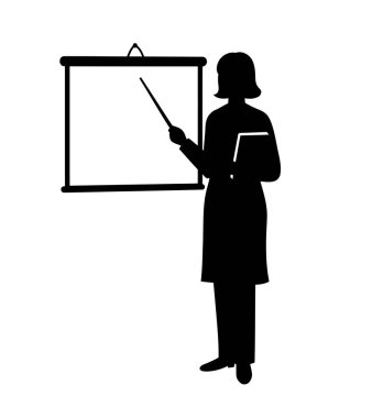 Kadın öğretmen silueti. Bu resim, elinde kitap tutan, el kol hareketi yapan, eğitimi, eğitimi, bilgiyi ve mesleki eğitimi sembolize eden bir kadının karanlık ana hatlarını yansıtır. Clipart illüstrasyon tasarımı.