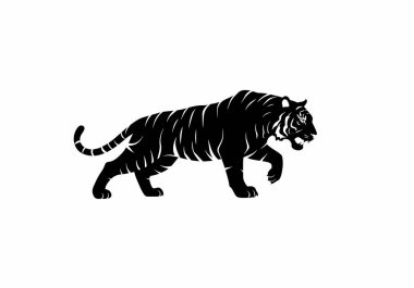 Kaplan silueti. Bu görüntü, merkezi bir daireden çıkan sivri, sivri uçlu, güneş patlaması desenine benzeyen siyah bir kaplan silueti gösteriyor. Clipart illüstrasyon tasarımı.