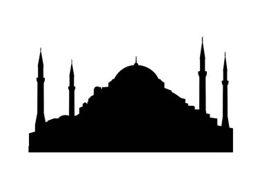 Ayasofya silueti. Bu resimde Ayasofya 'nın siyah bir silueti, tarihi bir mimari mucize ve kubbeleri ve minareleri olan dini bir simge sergilenmektedir. Clipart illüstrasyon tasarımı.