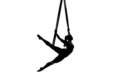 Hava yogası silueti. Bu görüntü havadan yoga yapan birini gösteriyor. Askıya alınmış bir pozda güç ve esneklik gösteriyor. Clipart illüstrasyon tasarımı.
