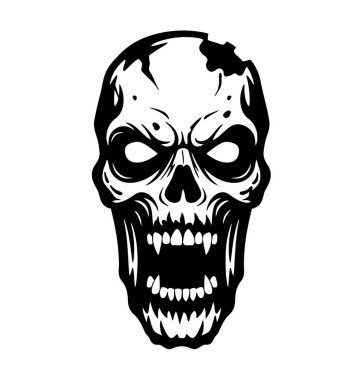 Zombi suratlı siluet. Bu resim, korku ve Cadılar Bayramı temalarını temsil eden ürkütücü ve ürkütücü bir tasarım olan zombi yüzünün siyah bir siluetini gösteriyor. Clipart illüstrasyon tasarımı.