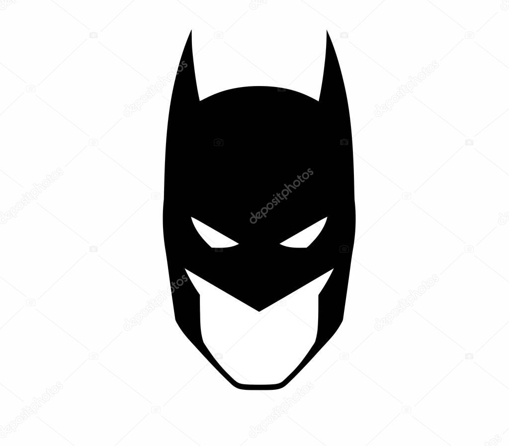 Batman mask silhouette. This shows a bold black white Batman mask silhouette, also Dark Knight cowl, with sharp ears, eyes, and jaw, symbolizing Gotham's hero. Clipart illustration design.