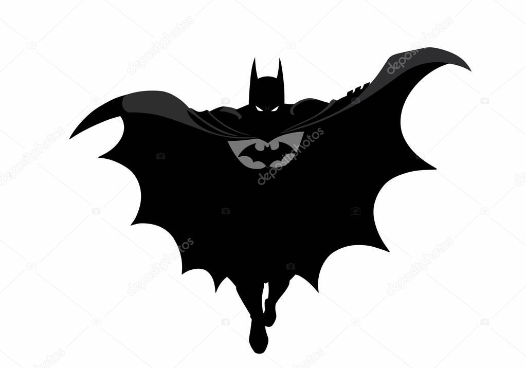 Batman silhouette. This shows a bold black white Batman silhouette, also Dark Knight outline, with a flowing cape, bat emblem, and cowl, capturing Gotham's hero in motion. Clipart illustration design.