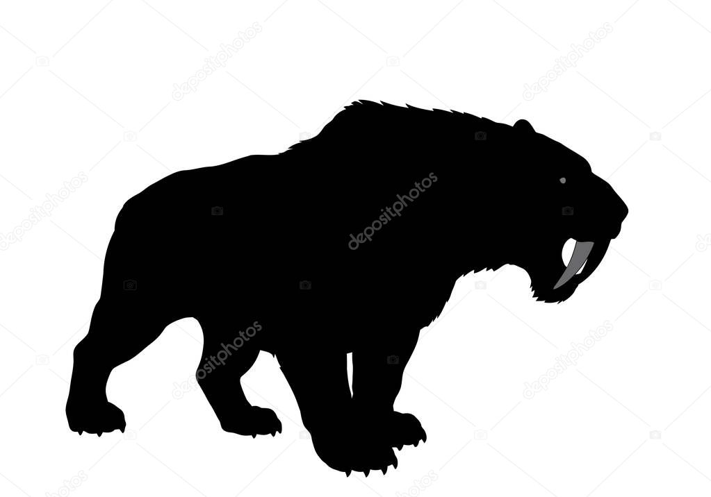 Saber tooth tiger silhouette. This image shows a saber tooth tiger silhouette with sharp, jagged rays emanating from a central circle, resembling a sunburst pattern. Clipart illustration design.