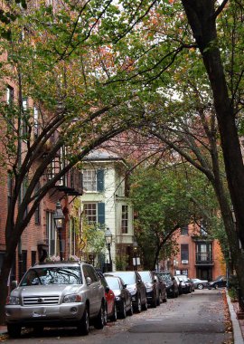 Boston, Beacon Hill 'de dar ağaçlarla kaplı bir yerleşim yeri. Park etmiş arabalar, kırmızı tuğlalı binalar ve rahat bir şehir ortamı yaratan geleneksel gaz lambaları.