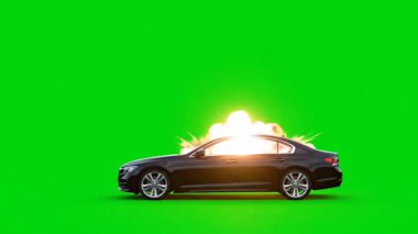 Gerçekçi araba patlaması yeşil ekran arka planında görsel efektler. Bu yüksek çözünürlüklü VFX görüntülerinde yangın, duman ve enkaz içeren bir aracın alev alması aksiyon sahneleri, kompozitasyon ve film projeleri için mükemmeldir., 