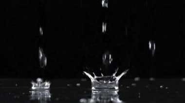 Yağmur damlacıklarının sürekli koyu siyah bir zemine düşerek fırtınaları, üzüntüyü, dramı ve doğayı simgelediği gerçekçi bir yağmur videosu. Filmler, reklamlar, kaplamalar, hava projeleri ve sanatsal düzenlemeler için mükemmel.
