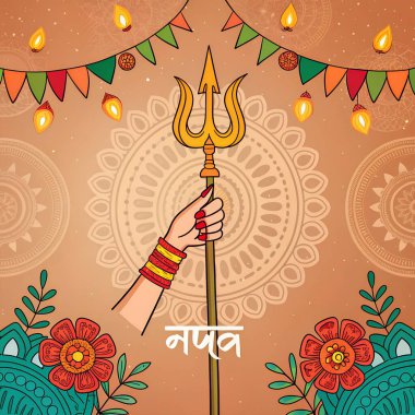Durga Puja Festivali Geçmişi Tanrıça Durga Hands, Trident ve Hintçe metin Maa ile Hint Dini Festivali Durga Puja veya Navaratri için Tanrıça Durga / Anne anlamına gelir. Çizgi Sanat Vektörü İllüstrasyonu.