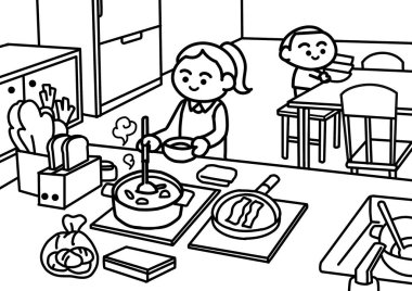 Anne çocuk boyama sayfaları stili için yemek yapıyor..