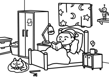 Çocuk yatakta kitap okuyor..