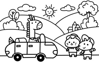 Turist otostop çekerek araba boyama sayfaları tarzında.