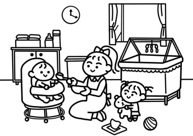 Anne, bebek boyama sayfalarına yemek veriyor..