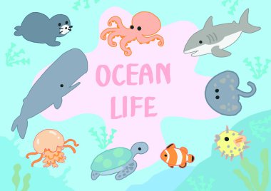 Simge seti ve illüstrasyon çizgi film tarzı için okyanus yaşamı.