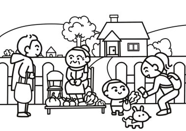 Çocuk, büyükannenin boyama sayfalarını satmasına yardım et..