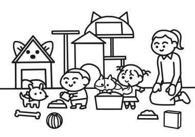 Çocuklar evcil hayvan boyama sayfalarıyla oynuyor.