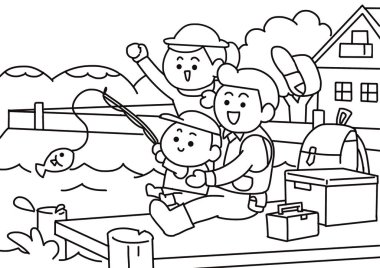 Çocuk karikatür tarzında balık tutuyor..