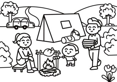  Aile kampı boyama sayfaları tarzı.
