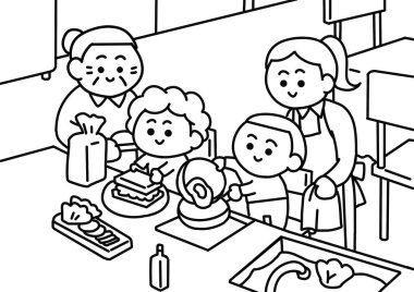 Mutfak boyama sayfalarında aile yemekleri..