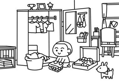 Bezleri yatak odası boyama tarzında katlayan çocuk.