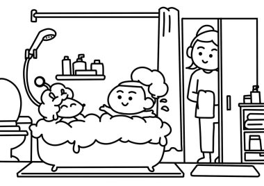 Çocuk evcil hayvanla banyo yapıyor..