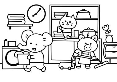 Küçük hayvan temizleme çizgi film boyama sayfaları.