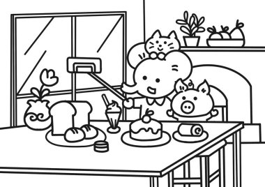 Animal selfie with friends coloring pages style.