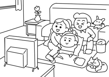 Aile televizyon izliyor. renklendirme sayfaları biçimi.