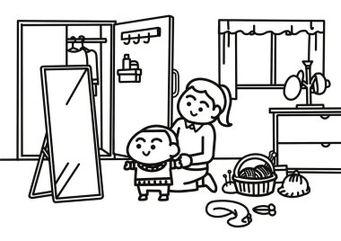 Anne çocuğu için bir kazak örer..