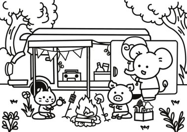 Arkadaşlar sayfa boyama tarzında piknik yaparlar