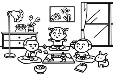 Çocuklar birlikte masa oyunu oynarlar..