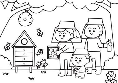 Arı çiftliği boyama sayfasında aile.
