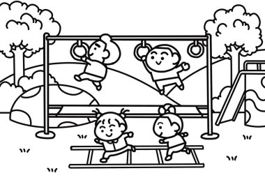 Çocuklar oyun alanında birlikte oynuyorlar