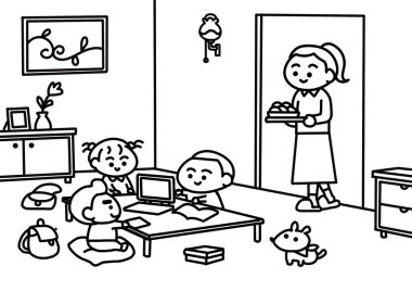 Ev ödevi yapan çocuklar sayfa boyama stilinde.