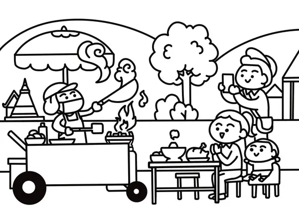 Aile Tayland sokak yemeklerini yiyor. Sayfalar boyanıyor..