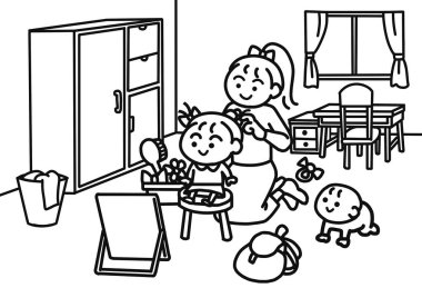 Anne çocuklara yemek hazırlıyor. Sayfalar boyanıyor.