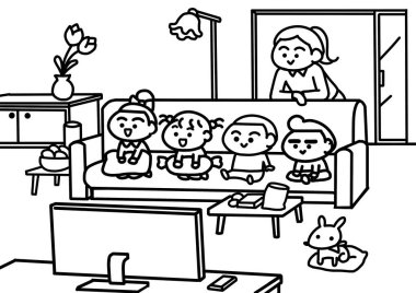 Çocuklar arkadaş boyama tarzıyla televizyon seyrediyorlar..