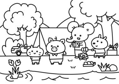 Doğal Park boyama sayfaları tarzında küçük hayvanlar pikniği.