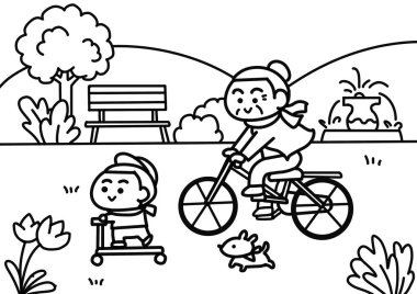 Büyükanne bisiklet boyama sayfaları stili.