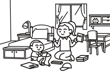 Anne ve çocuk okula dönmeye hazırlanıyor.