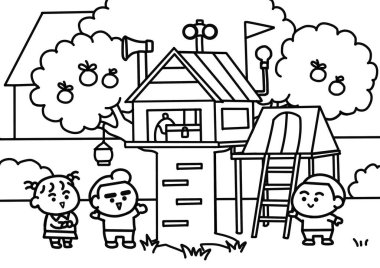 Ağaç Evi boyama sayfaları tarzında oynayan çocuklar.