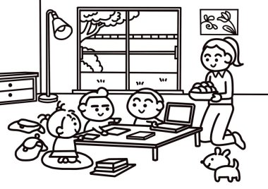 Çocuklar ev boyama sayfaları tarzında birlikte çalışıyorlar.