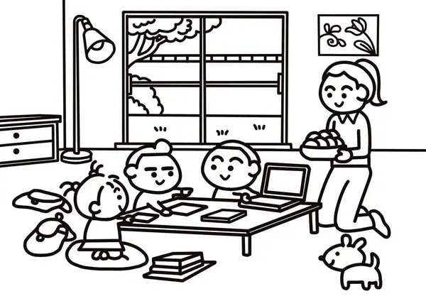 Çocuklar ev boyama sayfaları tarzında birlikte çalışıyorlar.