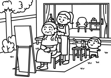 Aile boyalı saçlar ev boyama sayfaları tarzında.