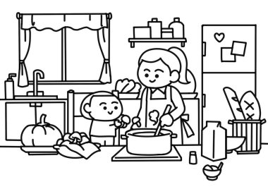 Anne ve oğlu mantar çorbası pişiriyor. Sayfa boyama stili..