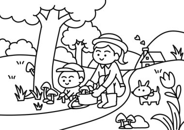 Anne ve oğlu bahçe boyama sayfalarında mantar topluyor..