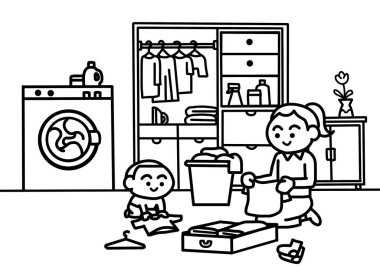 Anne oğluna kıyafet katlamayı öğretiyor sayfa boyama stili..