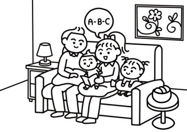 Aile, oğullarına boyama sayfaları stili öğretiyor..