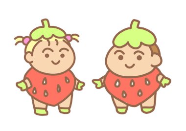 Çilek sanatı için çilek kostümlü kız ve erkek..